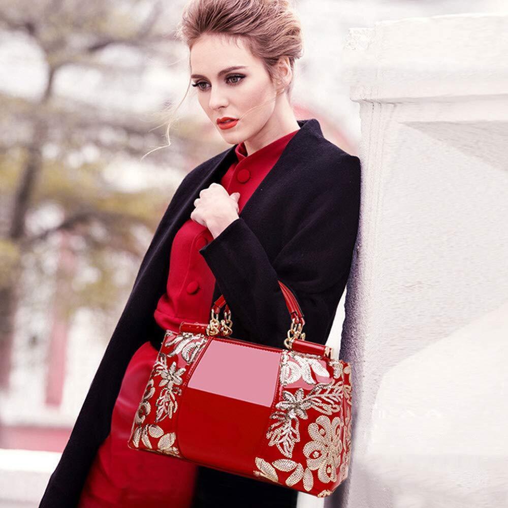 6810 Red Patent Leather Satchel Handbag - Sequined Embroidery, Top Handle & - Picture 2 of 6